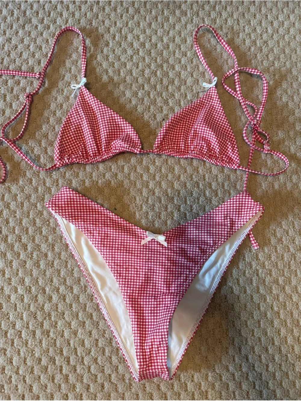Frankie's Bikinis Red Gingham Triangle Bralette & Brief Set